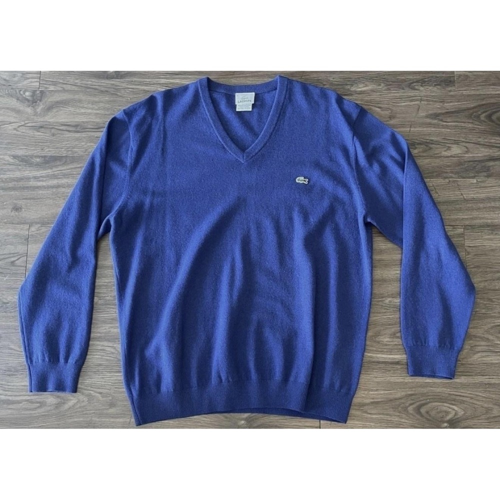 Lacoste Sweater Mens XL Blue 100% Wool V Neck Knit Pullover Logo Classic